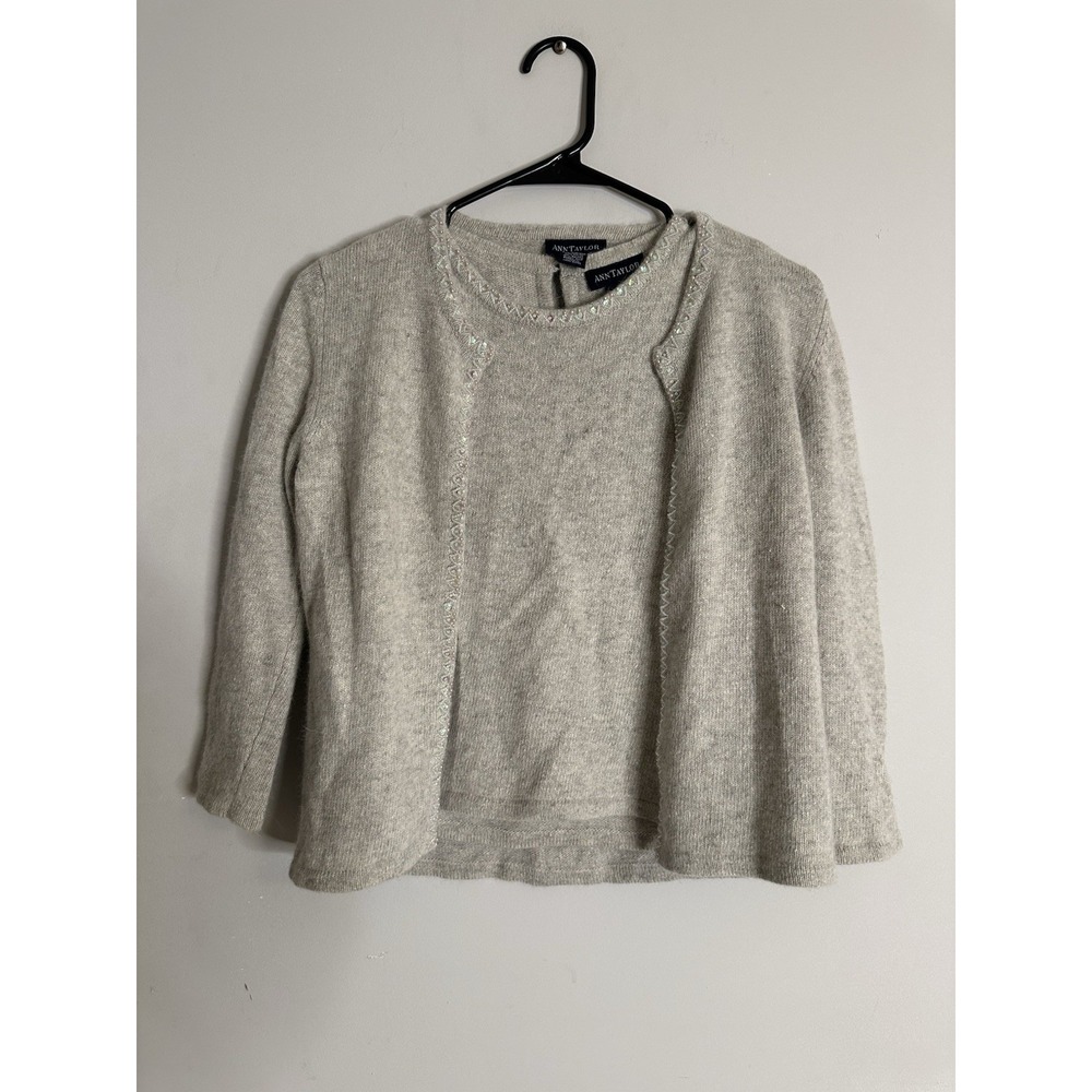 Ann Taylor Gray Beaded Wool Angora Cardigan Tank Sweater Set XS